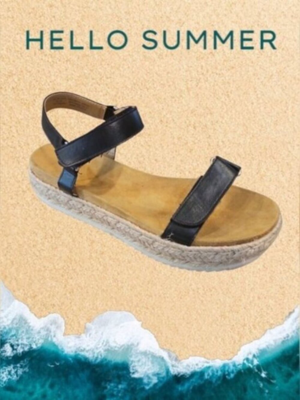 Sun + Stone SZ 8.5 Black Strappy 1.9" Platform Espadrille Loop & Hook Closure